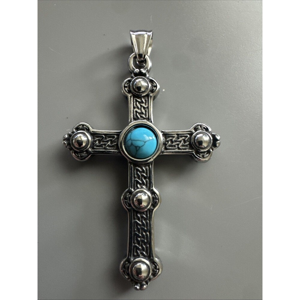 Three-dimensional Cross Pendant Dark Metal Tone Stainless Steel 24” Chain Viking